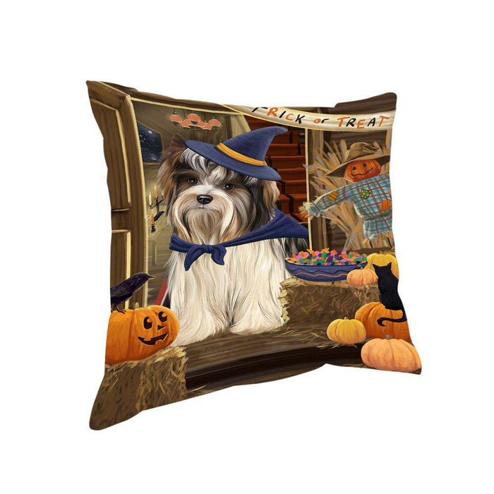 Enter at Own Risk Trick or Treat Halloween Biewer Terrier Dog Pillow PIL68544