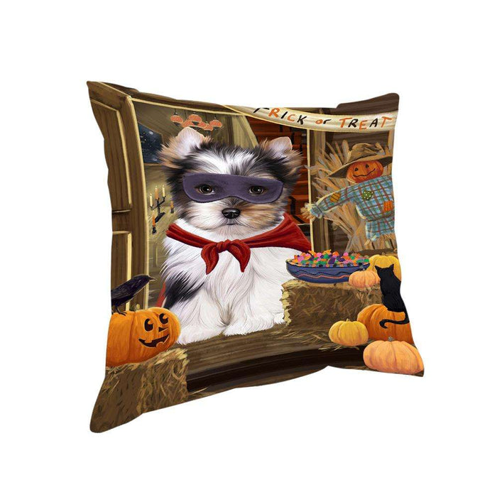 Enter at Own Risk Trick or Treat Halloween Biewer Terrier Dog Pillow PIL68548