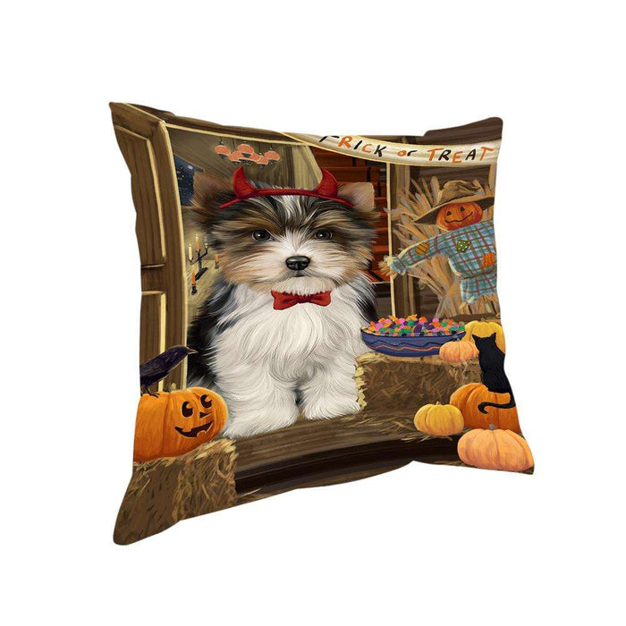 Enter at Own Risk Trick or Treat Halloween Biewer Terrier Dog Pillow PIL68556