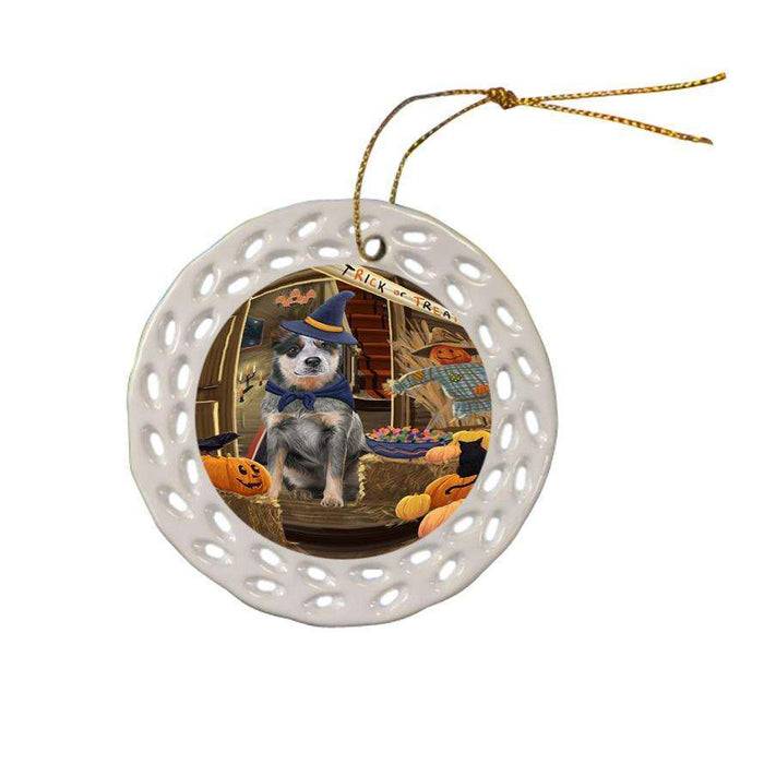 Enter at Own Risk Trick or Treat Halloween Blue Heeler Dog Ceramic Doily Ornament DPOR53019