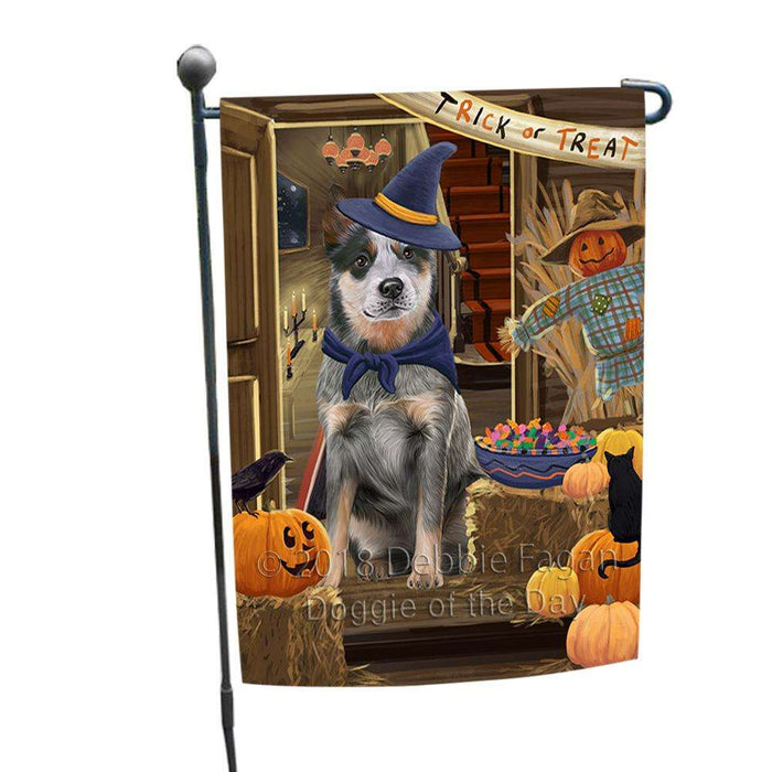 Enter at Own Risk Trick or Treat Halloween Blue Heeler Dog Garden Flag GFLG53081