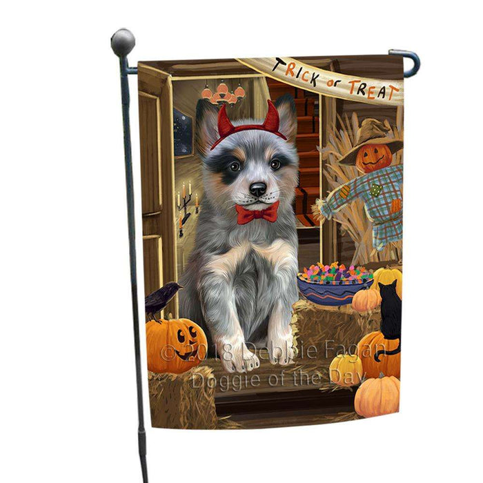 Enter at Own Risk Trick or Treat Halloween Blue Heeler Dog Garden Flag GFLG53084