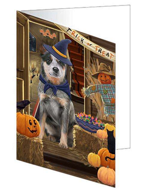 Enter at Own Risk Trick or Treat Halloween Blue Heeler Dog Handmade Artwork Assorted Pets Greeting Cards and Note Cards with Envelopes for All Occasions and Holiday Seasons GCD63086