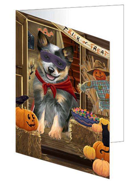 Enter at Own Risk Trick or Treat Halloween Blue Heeler Dog Handmade Artwork Assorted Pets Greeting Cards and Note Cards with Envelopes for All Occasions and Holiday Seasons GCD63089
