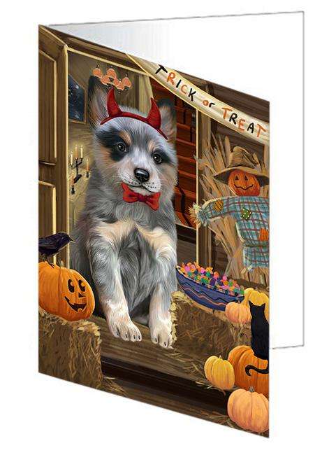 Enter at Own Risk Trick or Treat Halloween Blue Heeler Dog Handmade Artwork Assorted Pets Greeting Cards and Note Cards with Envelopes for All Occasions and Holiday Seasons GCD63095