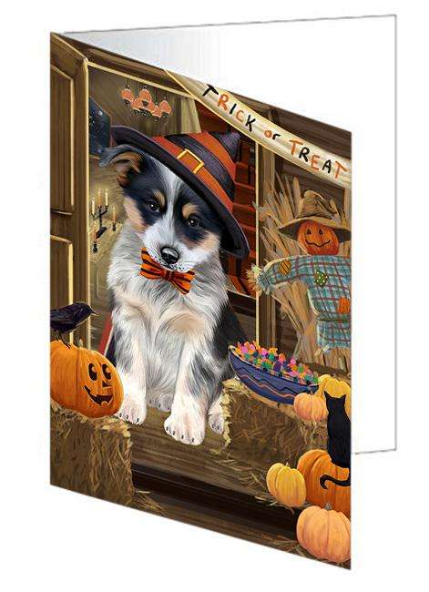 Enter at Own Risk Trick or Treat Halloween Blue Heeler Dog Handmade Artwork Assorted Pets Greeting Cards and Note Cards with Envelopes for All Occasions and Holiday Seasons GCD63098