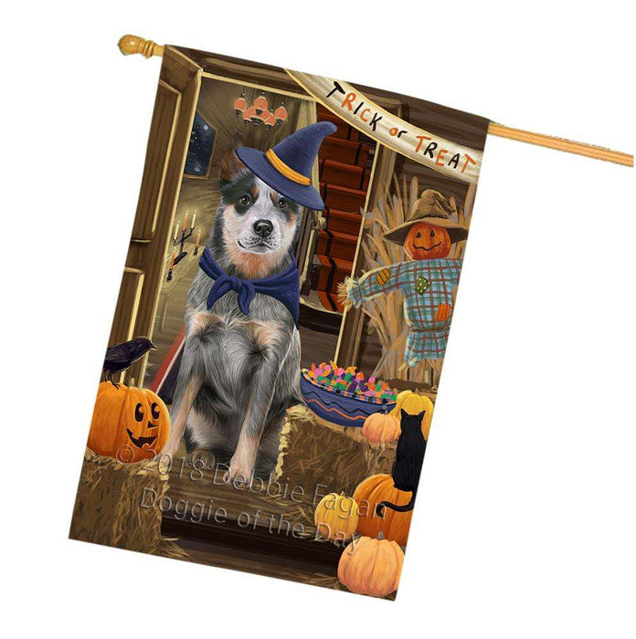 Enter at Own Risk Trick or Treat Halloween Blue Heeler Dog House Flag FLG53217