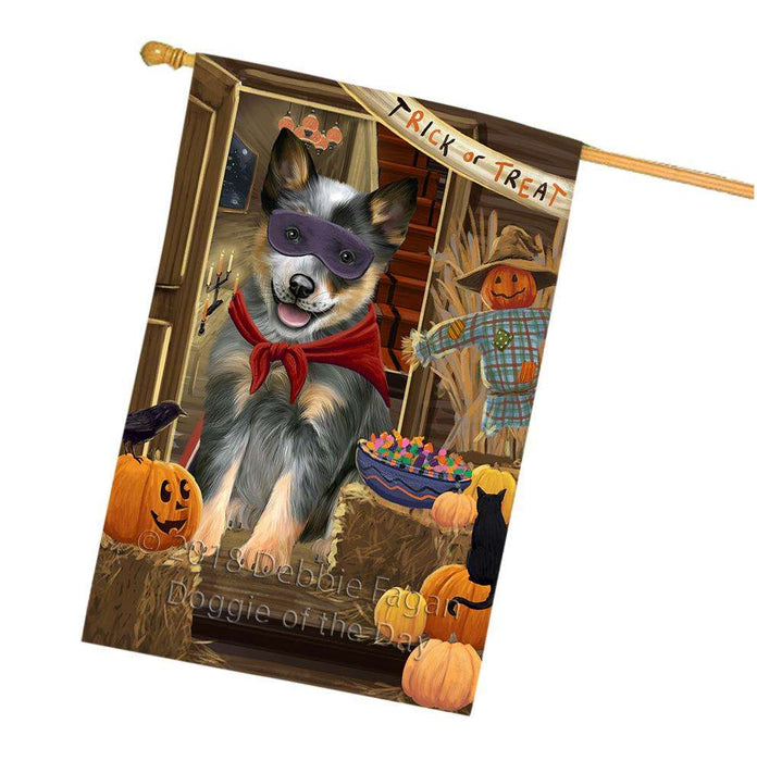 Enter at Own Risk Trick or Treat Halloween Blue Heeler Dog House Flag FLG53218