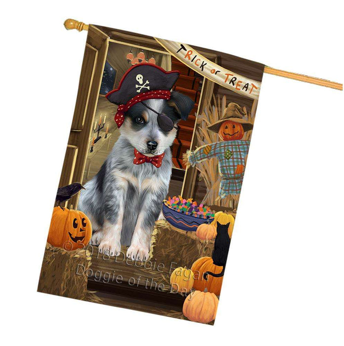 Enter at Own Risk Trick or Treat Halloween Blue Heeler Dog House Flag FLG53219