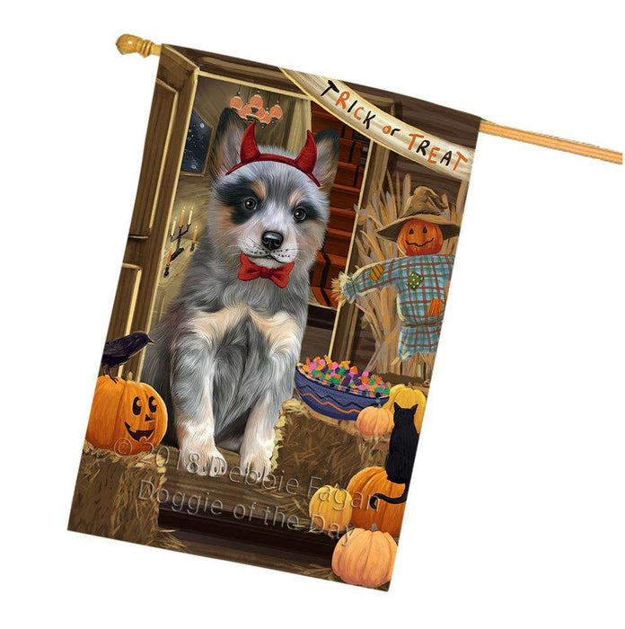 Enter at Own Risk Trick or Treat Halloween Blue Heeler Dog House Flag FLG53220