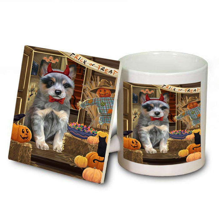 Enter at Own Risk Trick or Treat Halloween Blue Heeler Dog Mug and Coaster Set MUC53014