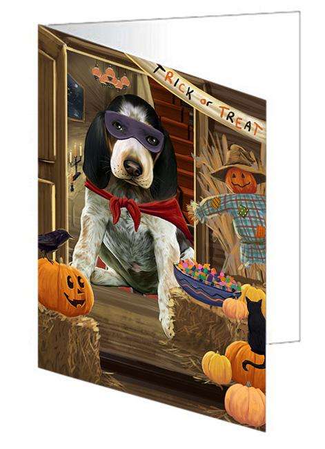 Enter at Own Risk Trick or Treat Halloween Bluetick Coonhound Dog Handmade Artwork Assorted Pets Greeting Cards and Note Cards with Envelopes for All Occasions and Holiday Seasons GCD63104