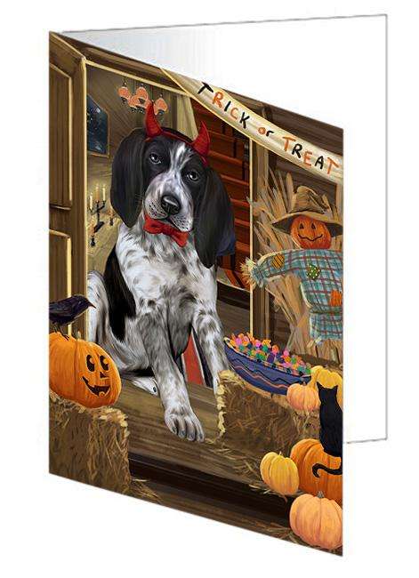 Enter at Own Risk Trick or Treat Halloween Bluetick Coonhound Dog Handmade Artwork Assorted Pets Greeting Cards and Note Cards with Envelopes for All Occasions and Holiday Seasons GCD63110