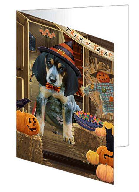 Enter at Own Risk Trick or Treat Halloween Bluetick Coonhound Dog Handmade Artwork Assorted Pets Greeting Cards and Note Cards with Envelopes for All Occasions and Holiday Seasons GCD63113