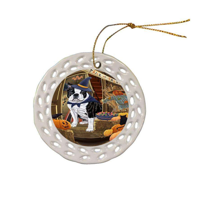 Enter at Own Risk Trick or Treat Halloween Boston Terrier Dog Ceramic Doily Ornament DPOR53034