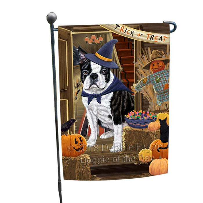 Enter at Own Risk Trick or Treat Halloween Boston Terrier Dog Garden Flag GFLG53096