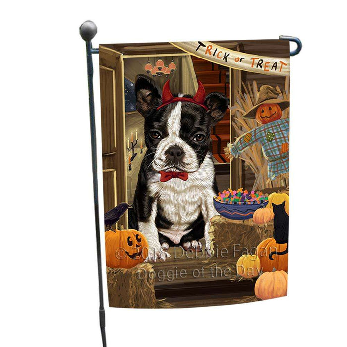 Enter at Own Risk Trick or Treat Halloween Boston Terrier Dog Garden Flag GFLG53099
