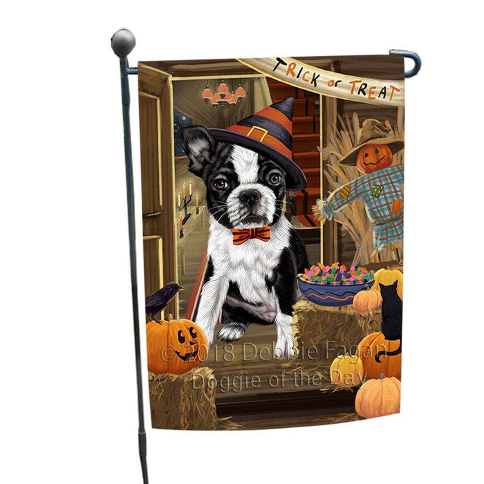 Enter at Own Risk Trick or Treat Halloween Boston Terrier Dog Garden Flag GFLG53100