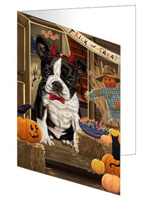 Enter at Own Risk Trick or Treat Halloween Boston Terrier Dog Handmade Artwork Assorted Pets Greeting Cards and Note Cards with Envelopes for All Occasions and Holiday Seasons GCD63140