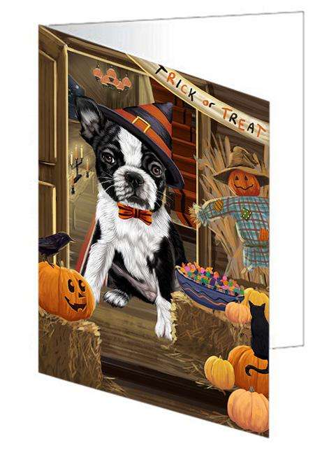 Enter at Own Risk Trick or Treat Halloween Boston Terrier Dog Handmade Artwork Assorted Pets Greeting Cards and Note Cards with Envelopes for All Occasions and Holiday Seasons GCD63143