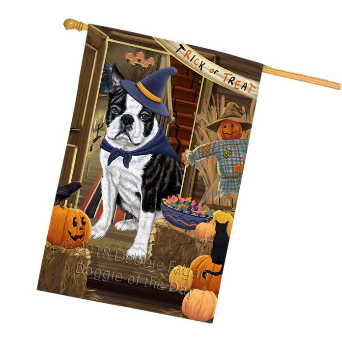 Enter at Own Risk Trick or Treat Halloween Boston Terrier Dog House Flag FLG53232