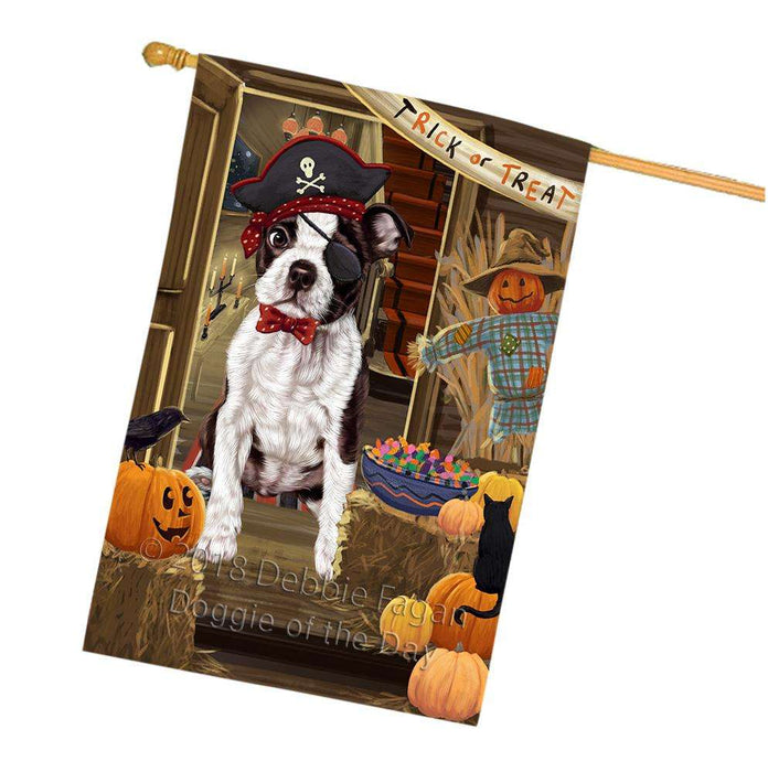 Enter at Own Risk Trick or Treat Halloween Boston Terrier Dog House Flag FLG53234