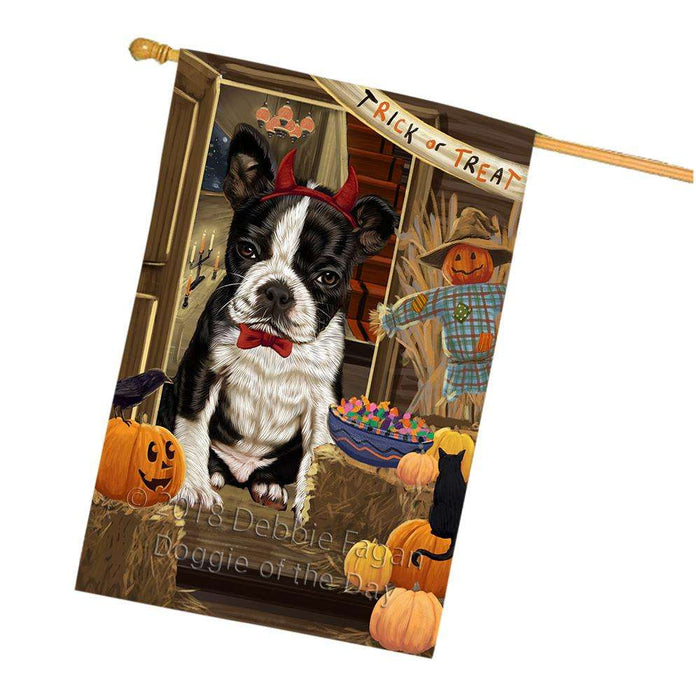 Enter at Own Risk Trick or Treat Halloween Boston Terrier Dog House Flag FLG53235