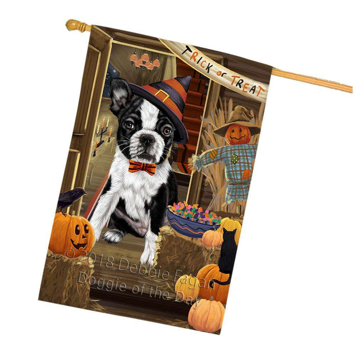 Enter at Own Risk Trick or Treat Halloween Boston Terrier Dog House Flag FLG53236