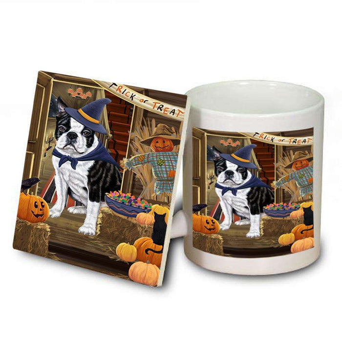 Enter at Own Risk Trick or Treat Halloween Boston Terrier Dog Mug and Coaster Set MUC53026