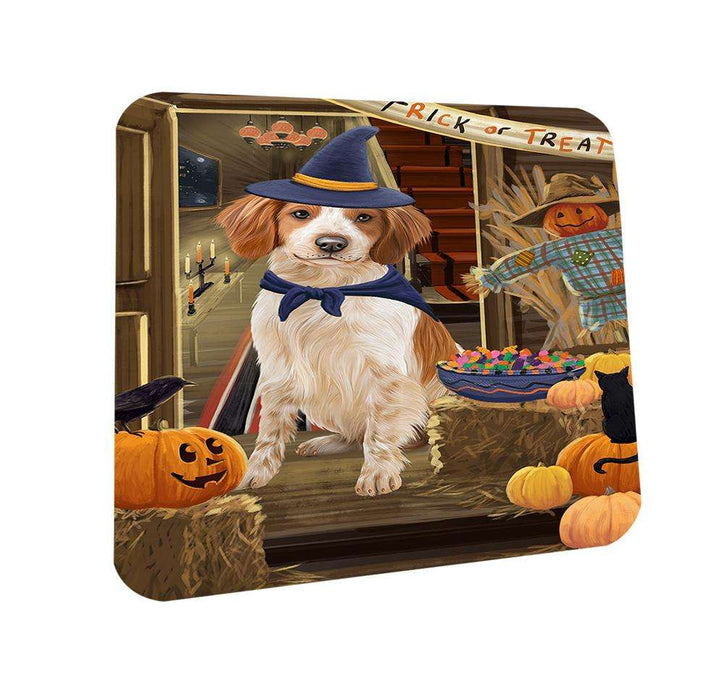 Enter at Own Risk Trick or Treat Halloween Brittany Spaniel Dog Coasters Set of 4 CST53003