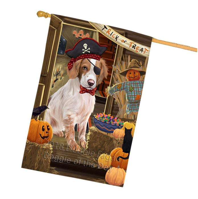 Enter at Own Risk Trick or Treat Halloween Brittany Spaniel Dog House Flag FLG53244