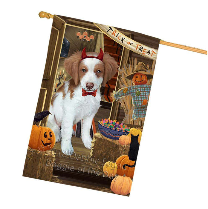 Enter at Own Risk Trick or Treat Halloween Brittany Spaniel Dog House Flag FLG53245