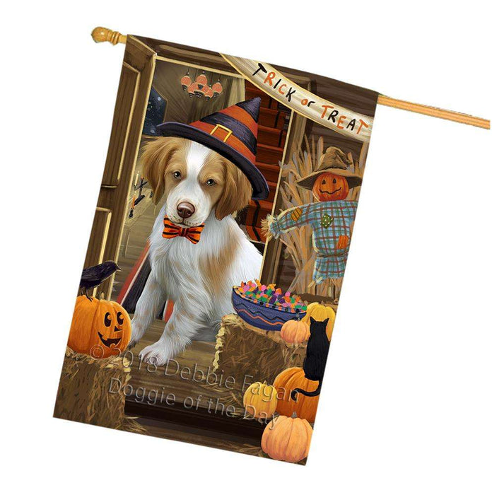 Enter at Own Risk Trick or Treat Halloween Brittany Spaniel Dog House Flag FLG53246