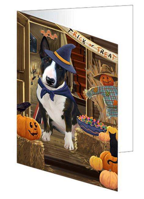 Enter at Own Risk Trick or Treat Halloween Bull Terrier Dog Handmade Artwork Assorted Pets Greeting Cards and Note Cards with Envelopes for All Occasions and Holiday Seasons GCD63176
