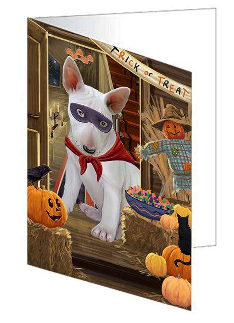 Enter at Own Risk Trick or Treat Halloween Bull Terrier Dog Handmade Artwork Assorted Pets Greeting Cards and Note Cards with Envelopes for All Occasions and Holiday Seasons GCD63179