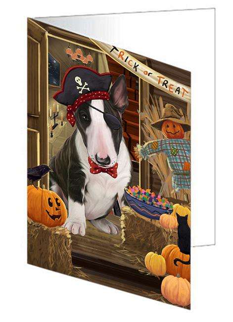 Enter at Own Risk Trick or Treat Halloween Bull Terrier Dog Handmade Artwork Assorted Pets Greeting Cards and Note Cards with Envelopes for All Occasions and Holiday Seasons GCD63182