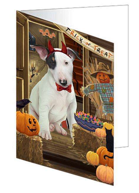 Enter at Own Risk Trick or Treat Halloween Bull Terrier Dog Handmade Artwork Assorted Pets Greeting Cards and Note Cards with Envelopes for All Occasions and Holiday Seasons GCD63185