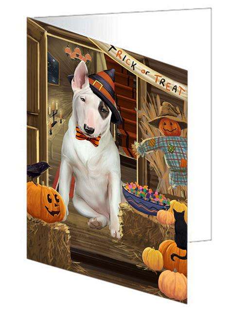 Enter at Own Risk Trick or Treat Halloween Bull Terrier Dog Handmade Artwork Assorted Pets Greeting Cards and Note Cards with Envelopes for All Occasions and Holiday Seasons GCD63188