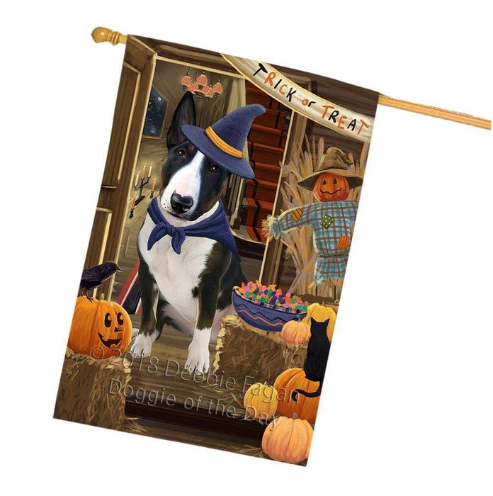 Enter at Own Risk Trick or Treat Halloween Bull Terrier Dog House Flag FLG53247