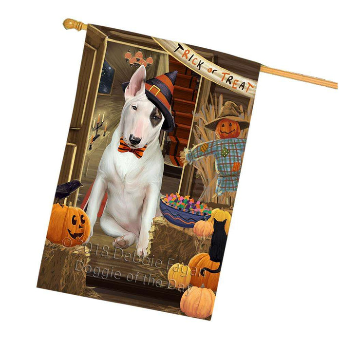 Enter at Own Risk Trick or Treat Halloween Bull Terrier Dog House Flag FLG53251