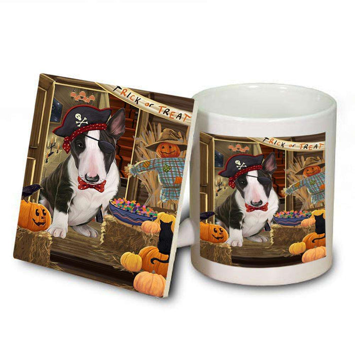 Enter at Own Risk Trick or Treat Halloween Bull Terrier Dog Mug and Coaster Set MUC53043