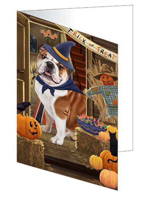 Enter at Own Risk Trick or Treat Halloween Bulldog Handmade Artwork Assorted Pets Greeting Cards and Note Cards with Envelopes for All Occasions and Holiday Seasons GCD63191
