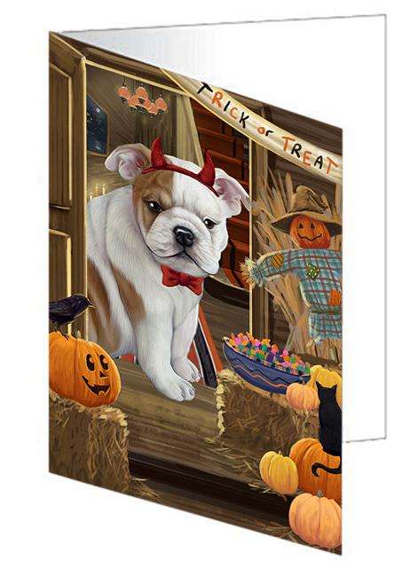 Enter at Own Risk Trick or Treat Halloween Bulldog Handmade Artwork Assorted Pets Greeting Cards and Note Cards with Envelopes for All Occasions and Holiday Seasons GCD63200
