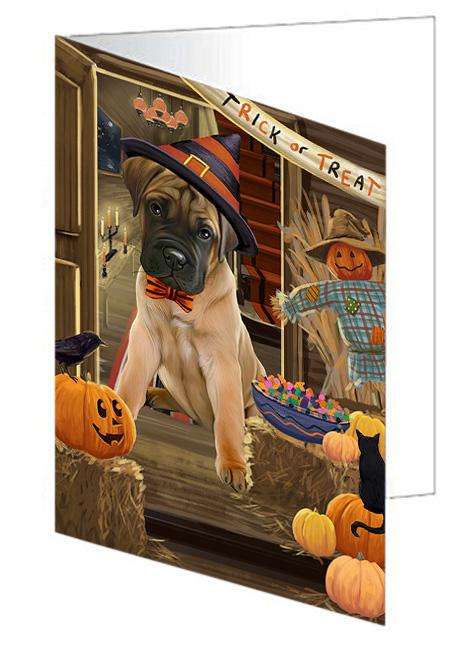 Enter at Own Risk Trick or Treat Halloween Bullmastiff Dog Handmade Artwork Assorted Pets Greeting Cards and Note Cards with Envelopes for All Occasions and Holiday Seasons GCD63218