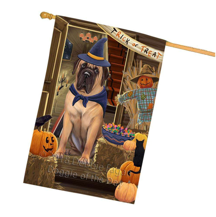 Enter at Own Risk Trick or Treat Halloween Bullmastiff Dog House Flag FLG53257