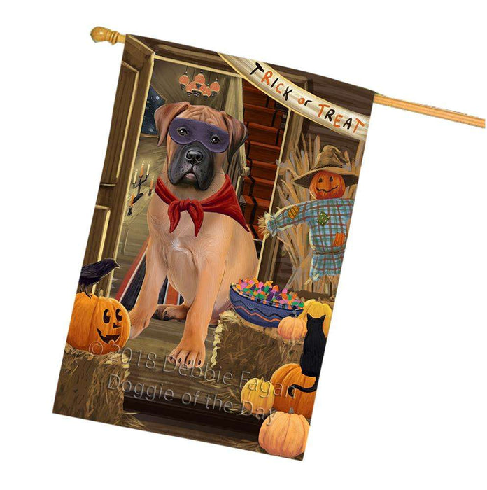 Enter at Own Risk Trick or Treat Halloween Bullmastiff Dog House Flag FLG53258