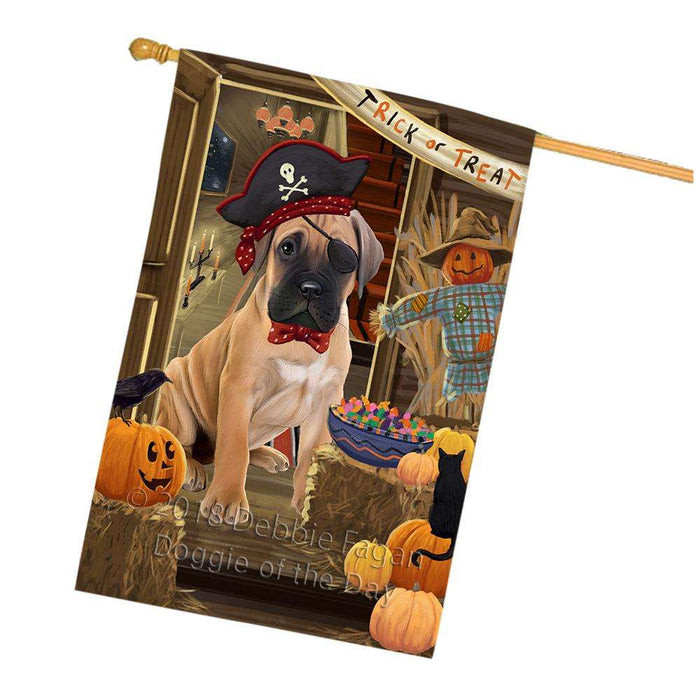 Enter at Own Risk Trick or Treat Halloween Bullmastiff Dog House Flag FLG53259