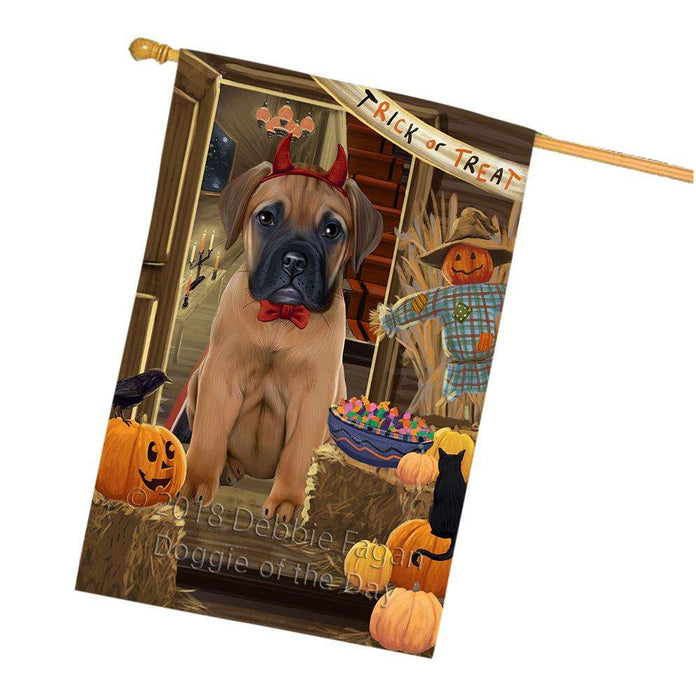 Enter at Own Risk Trick or Treat Halloween Bullmastiff Dog House Flag FLG53260