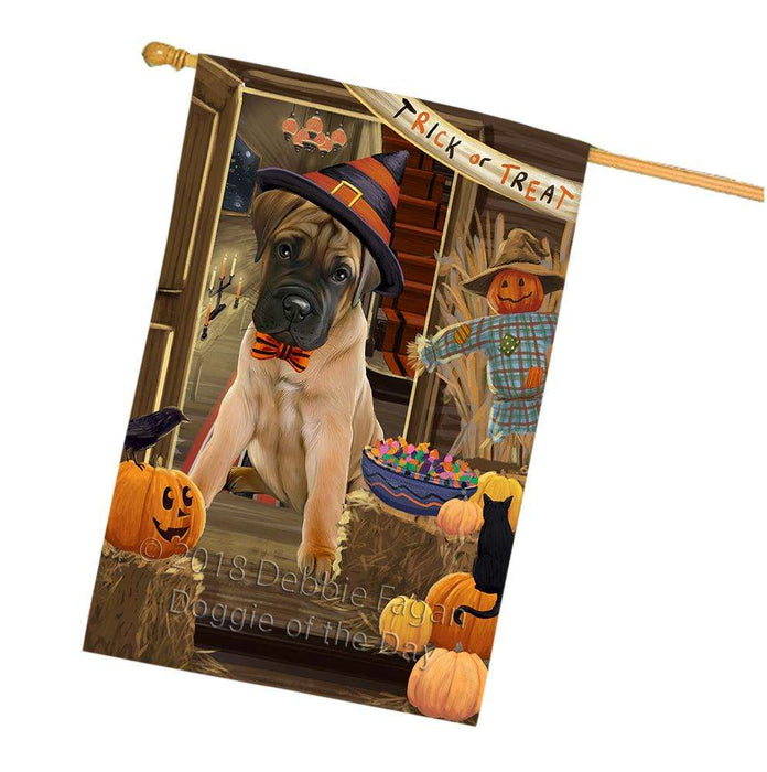 Enter at Own Risk Trick or Treat Halloween Bullmastiff Dog House Flag FLG53261