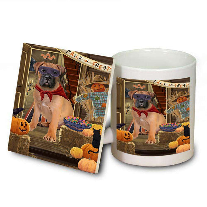 Enter at Own Risk Trick or Treat Halloween Bullmastiff Dog Mug and Coaster Set MUC53052